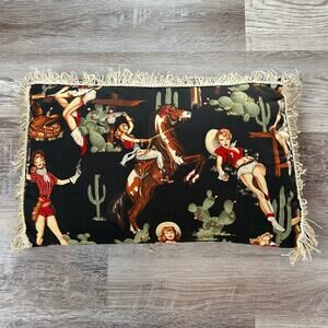 Handmade Western Cowgirl Pin-Up Pillow Black Fringe Novelty Vintage Style Decor